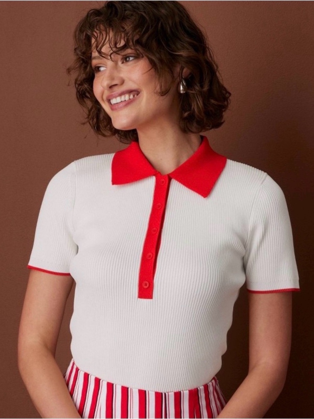 Rosie Assoulin Knit Polo Top with Red Trim
